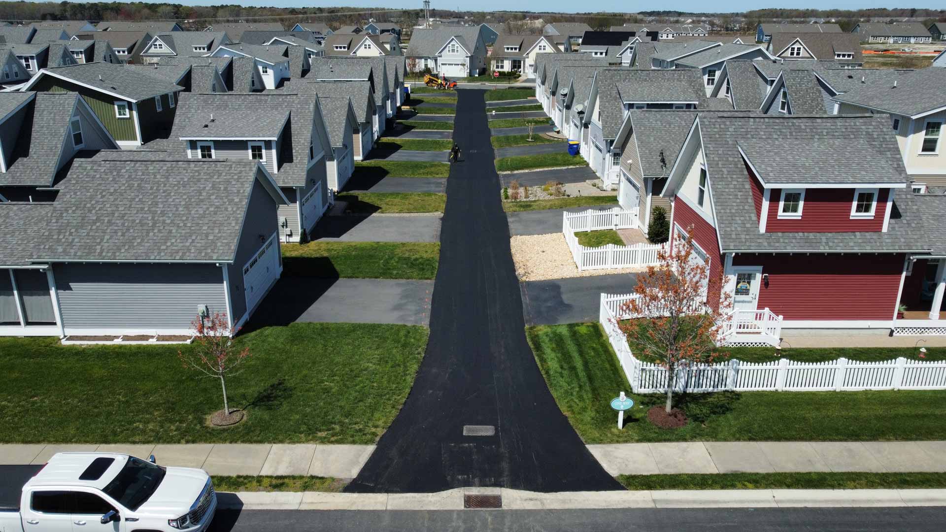Newly paved road in a residential neighborhood
